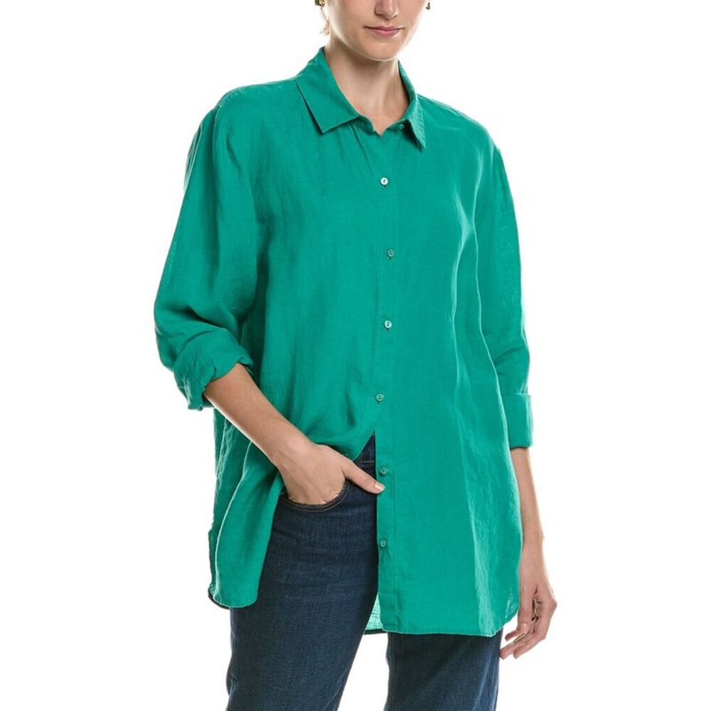 Eileen Fisher Womens Classic Linen Long Shirt, Blue